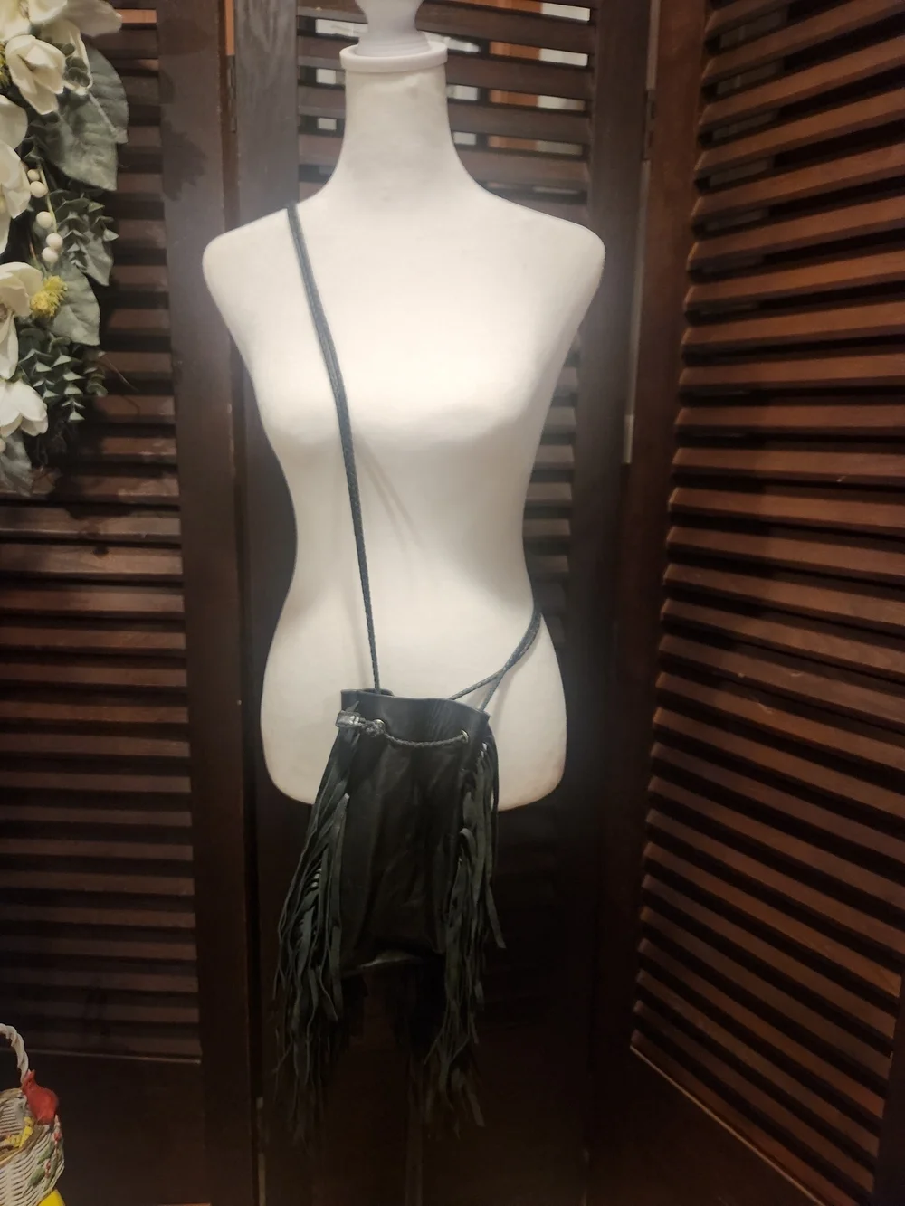 Fringed Crossbody Bucket Bag in Black